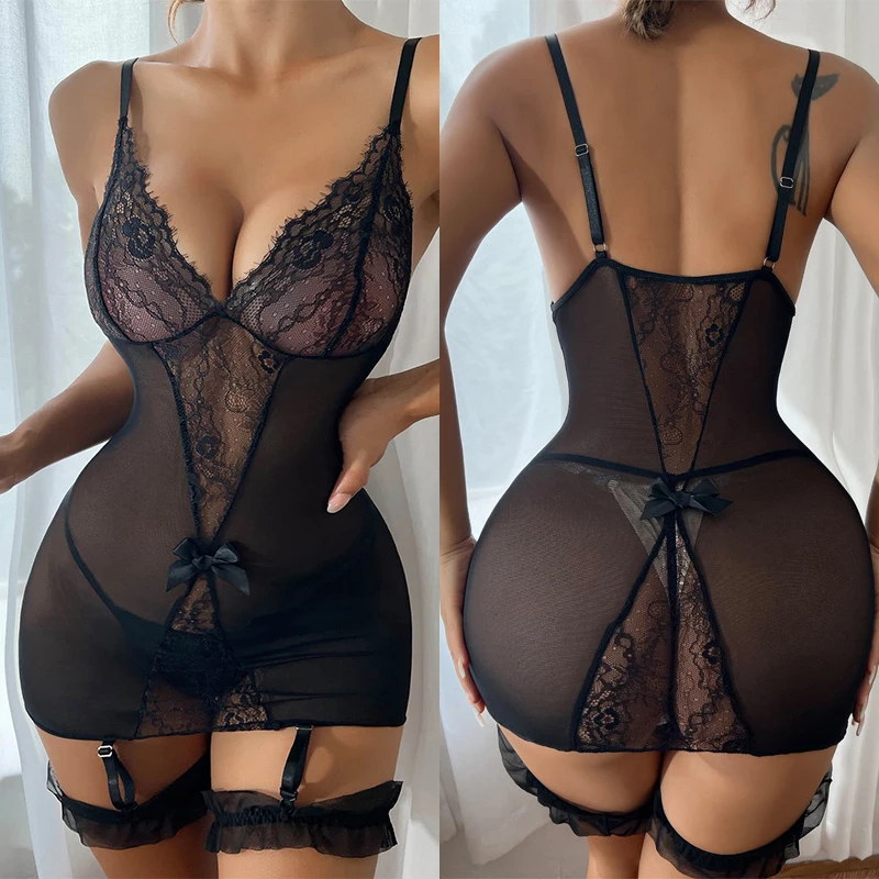 Halter Bra Set Plus Size Women Sexy Translucent Lingerie Lace Patchwork Chemises Underwear Set With Garter Belts Erotic Costumes