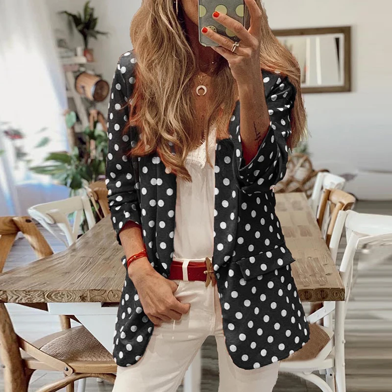 

New Autumn Polka Dot Printed Long Sleeved Jackets Office Lady Lapel Slim Cardigan Fashion Temperament High Street Blazer Coats