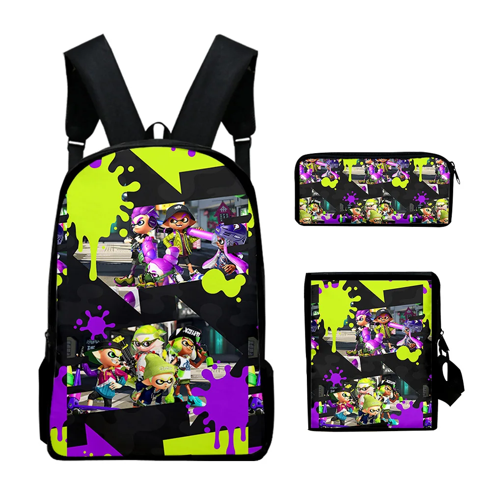 WAWSettlement-Sacs à dos Splatoon 3, ensembles de 3 pièces, sac à crayons Harajuku initié, sac de jour Cosplay, sac à fermeture éclair étudiant décontracté, mode