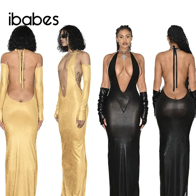 

Sparkling Women Long Maxi Dress Sleeveless Deep V Neck Evening Dress with Gloves 2023 Summer New Sexy Night Club Party Vestidos