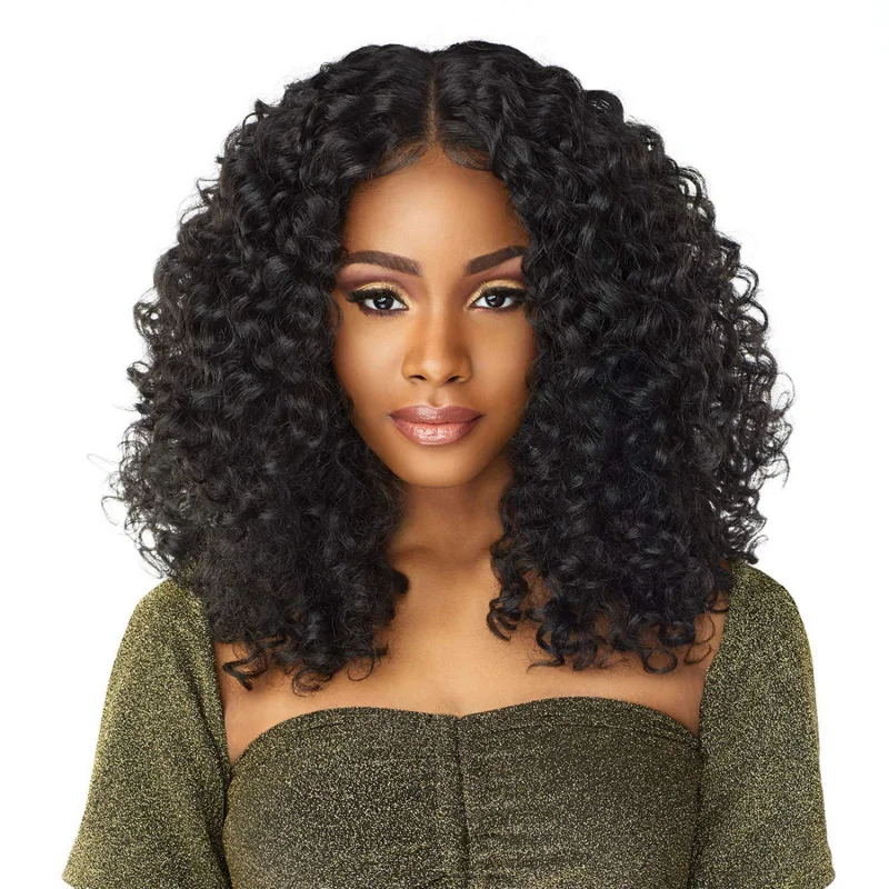 

T-shaped Front Lace Black Middle Part Short Curly Hand-wrapped Small Curls Synthetic Hair Wig