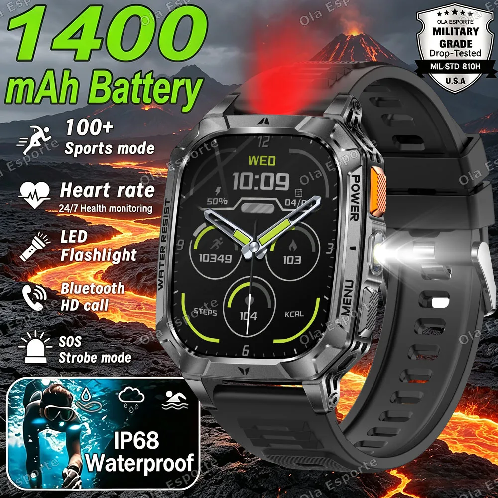 New 1400 mAh Battery Military Smartwatch Men Waterproof Flashlight Health Monitor Sports Call Smart Watch For iOS Android Ht30