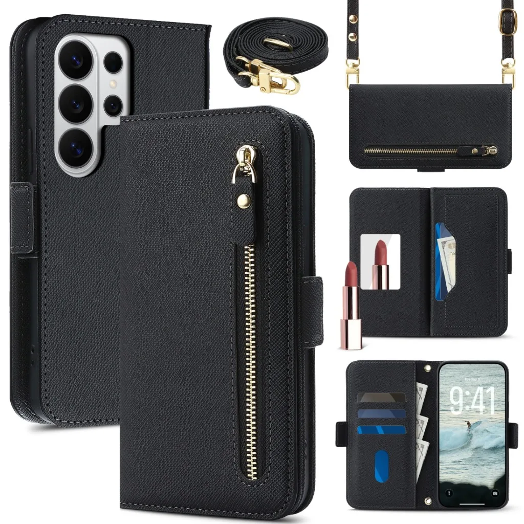Crossbody Lanyard Flip Leather Phone Case For Samsung Galaxy S26 Ultra S25 S24 S23+ Plus Zipper Multi Card Holder Wallet Cover
