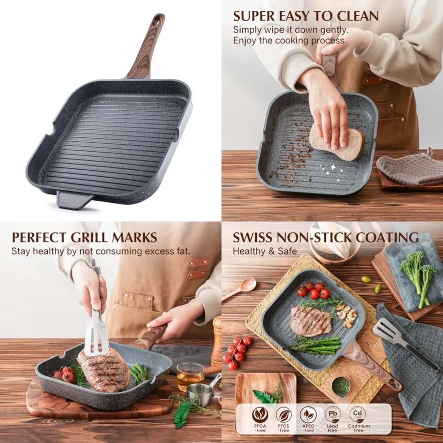 

Nonstick Grill Pan for Stove Tops, Versatile Griddle with Pour Spouts, Square Big Cookg Surface, Durable Skillet door Outdoor G