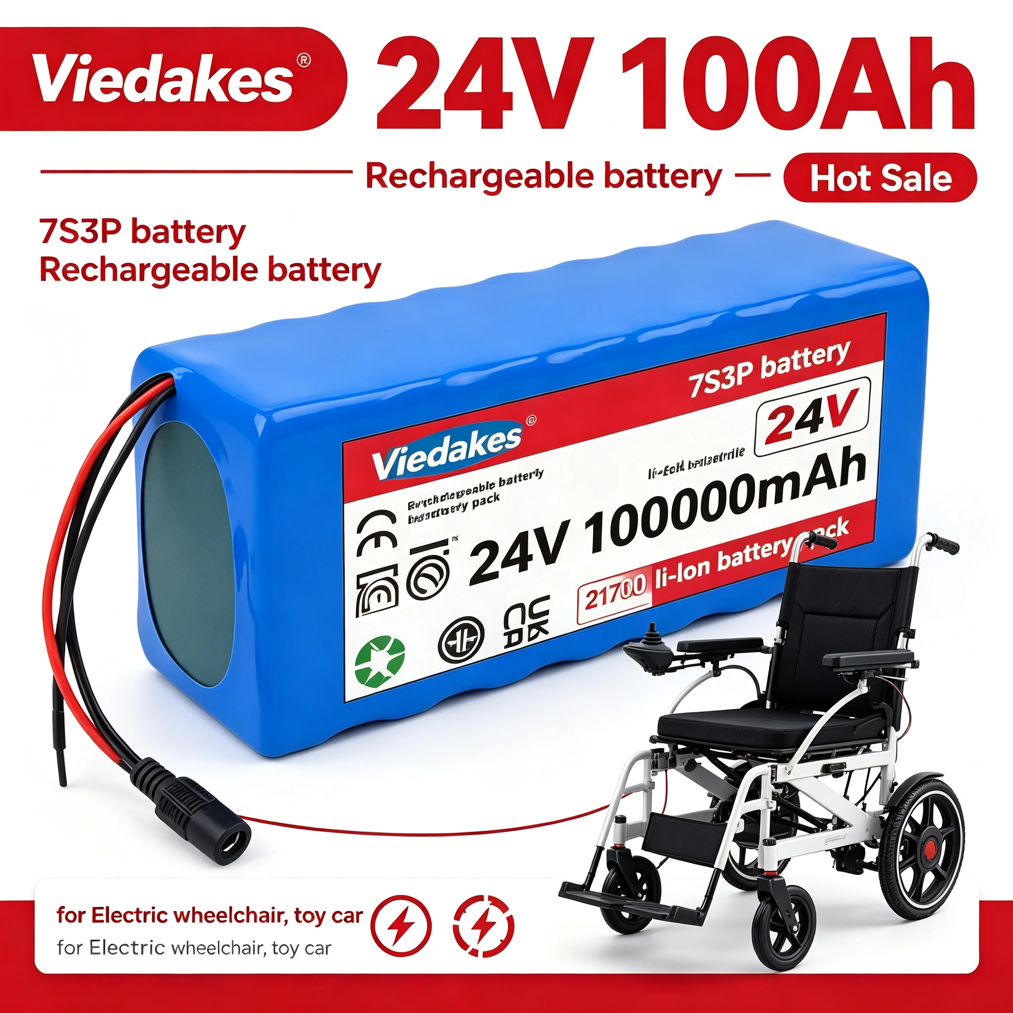 New 24V 100000mAh 7S3P 21700 Li-ion Battery Pack, for wheelchairs toy car power Li-ion Replacement Battery, quality assurance