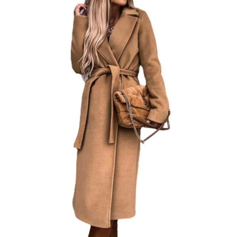 

2025 европейское и американское осенне-зимнее шерстяное пальто. Простое и модное длинное однотонное пальто с v-образным вырезом и ремешком для женщин.