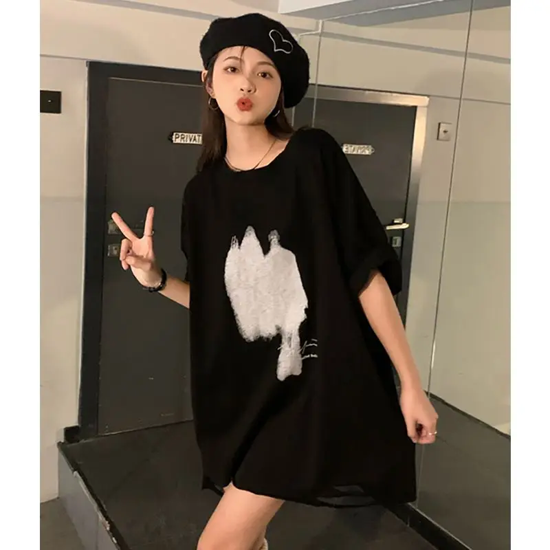 Summer New Oversized T Shirt Tops Round Neck Short Sleeve Printing Versatile Pullovers Trend Korean Fashion Women Clothing