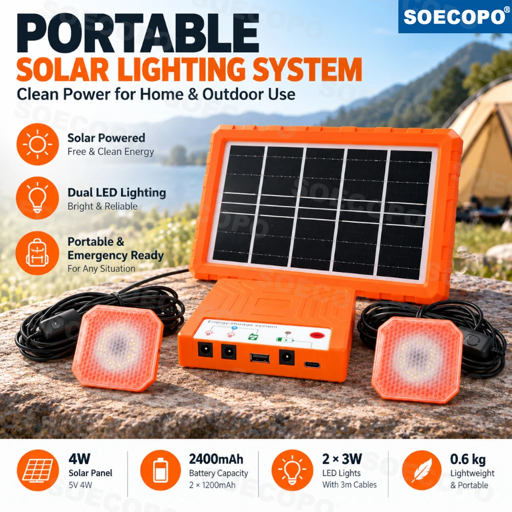 Portable Solar Light System 4W Panel 2400mAh Battery Box Dual 5V 3W LED Lamps Emergency Backup for Livestock Barn Farm Shed Yard