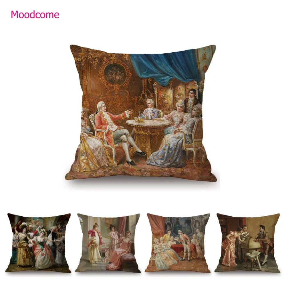 Classic European UK Royal Noble Family Social Life Oil Painting Party Elegant Tea Time Decoration Art Pillow Case Cushion Cover