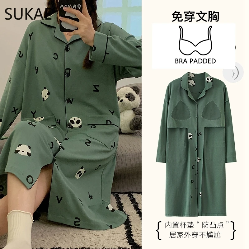 SUKAE M-5XL Plus Size Cotton Nightgowns Autumn Winter Women Long Sleeves Nightgown V-neck Nightdress Bra Padded Sleepshirts