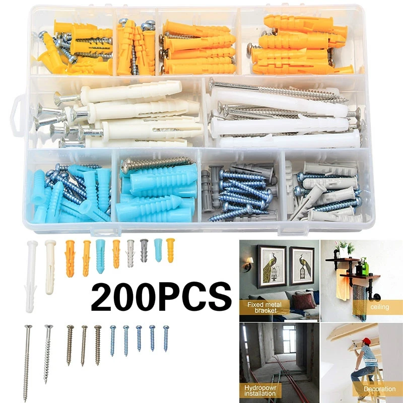 

200pcs Plastic Expansion Drywall Anchor Screws Self Tapping Screw Assortment Kit M4 M5 Stainless Steel Tube Wall Plugs