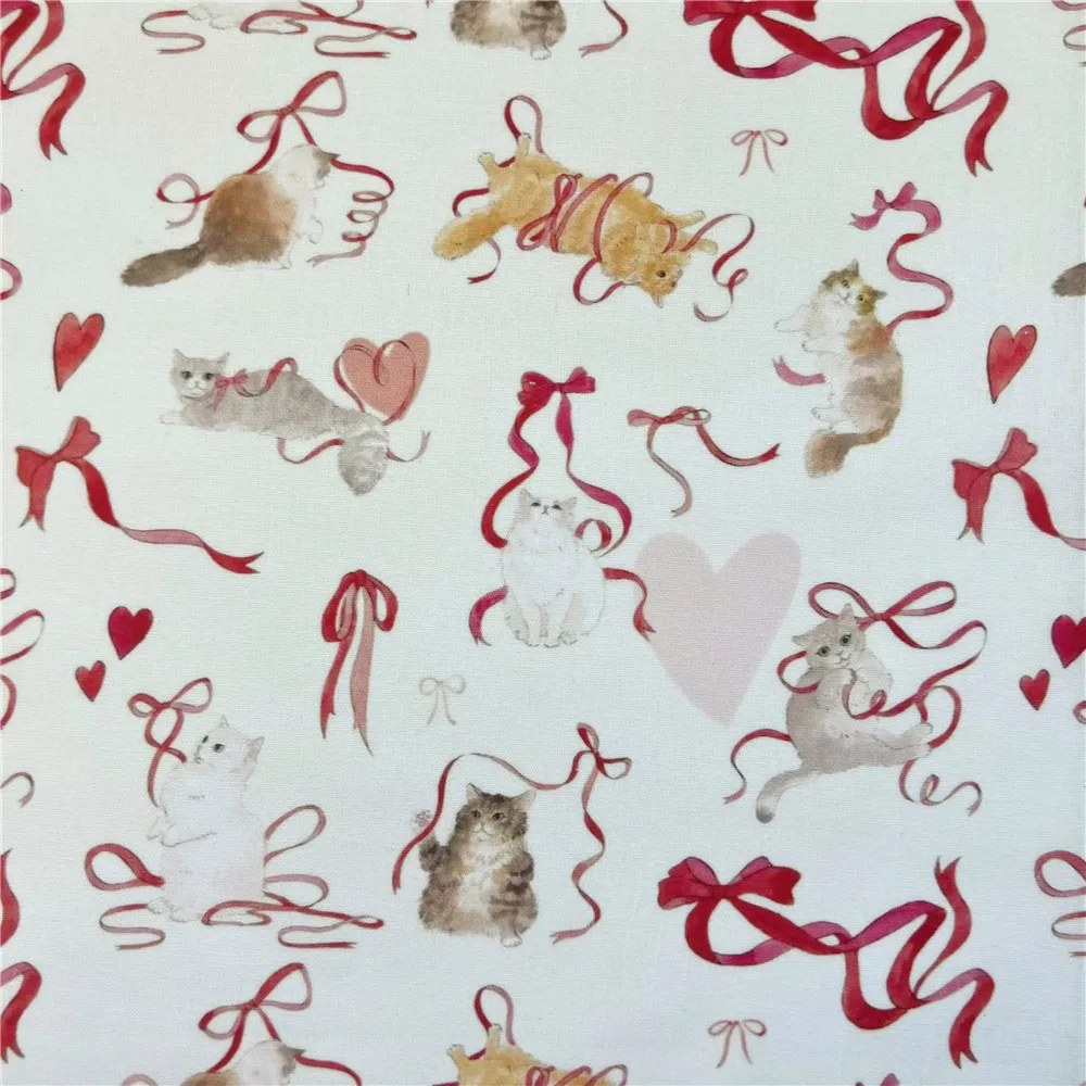 Red Ribbon Cat 100% Cotton Fabric Material Patchwork Sewing Fabrics Quilt Needlework DIY Cloth baby Material