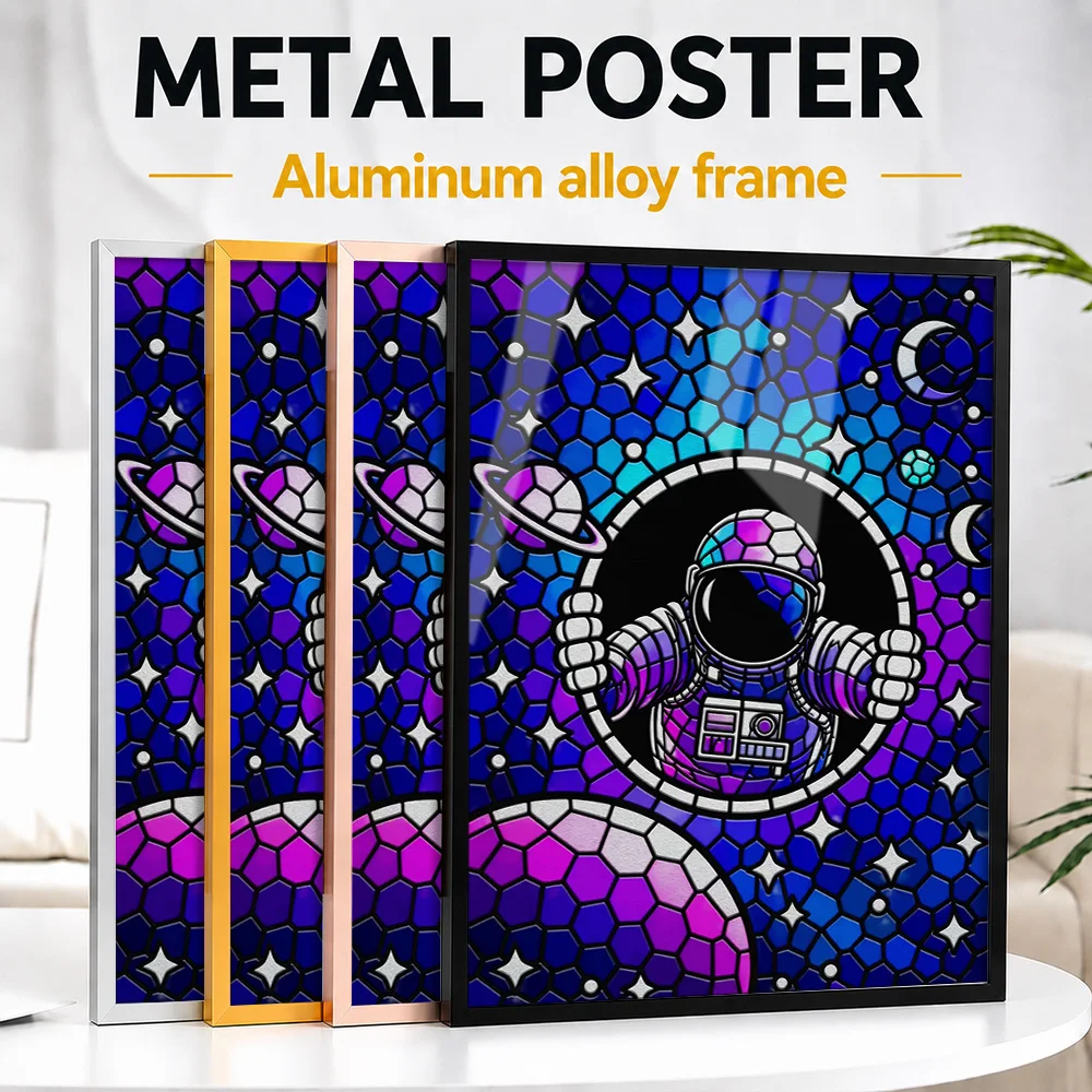Astronaut In Stained Glass Space Metal Poster With Aluminum Alloy Frame Personalized Cosmic Perspective Wall Art Enhances Office