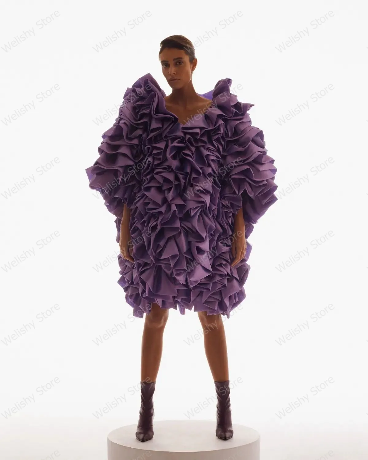 Uniek Design Avondjurken Sexy Paars Satijnen Feestjurken Geplooide Gelaagde Ruches Galajurken Vrouwen Formele Gelegenheid Jurk Gewaad