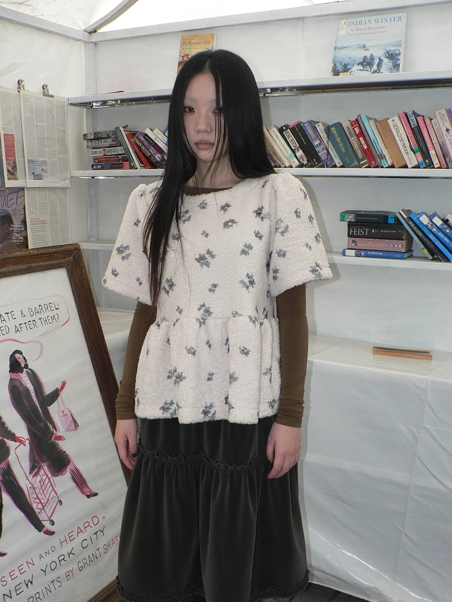 

Angproject 226 New Floral Print round Ne ort Sve Lamb Fur Women's Top Layering Sle Commute Faion Girls' Student Wear