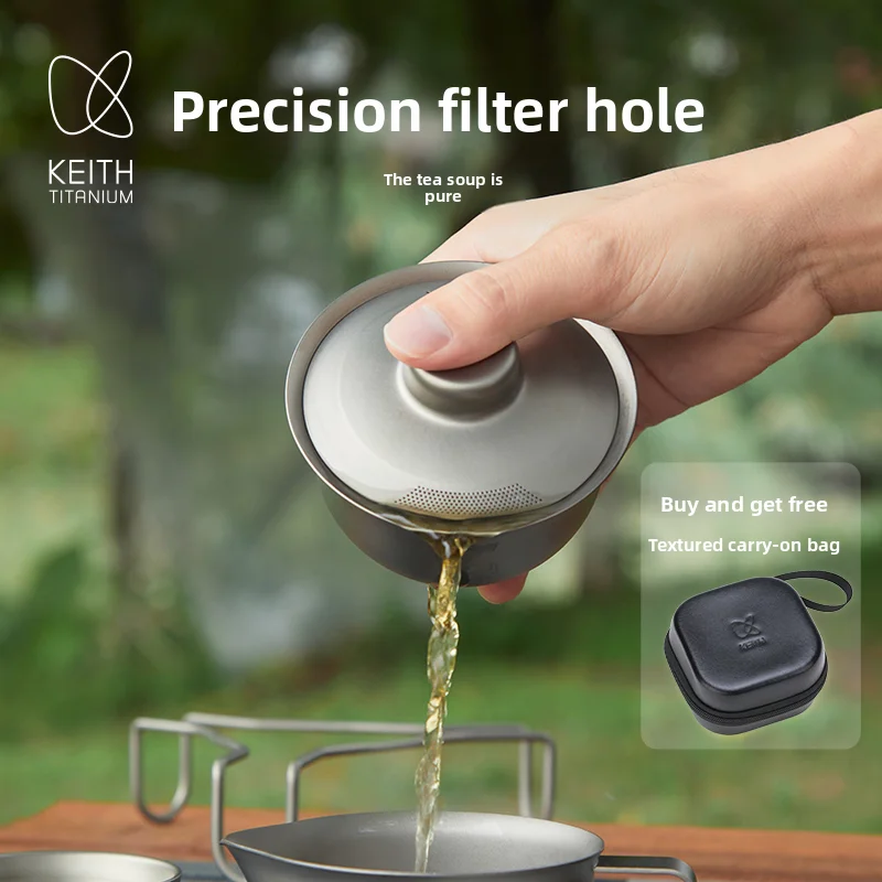 KEITH Pure Titanium 5in1 Kung Fu Tea Set Portable All-in-one Teacup Gaiwan Filter Kit with Storage Bag for Home Travel Outdoor