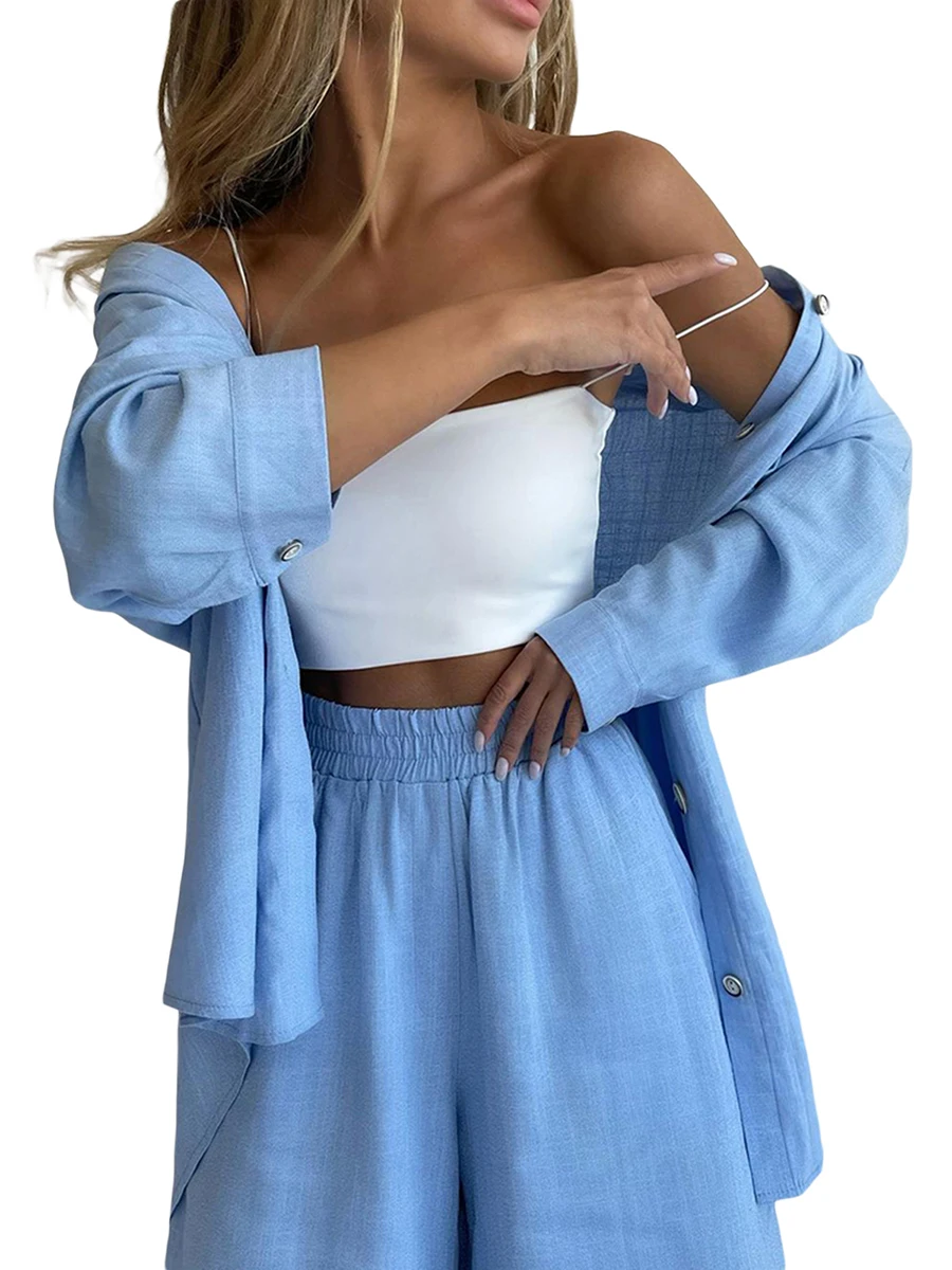 JBEELATE Women Summer 2 Piece Casual Outfits Striped Solid Color Long Sleeve Button Down Shirt Elastic Waist Shorts Set Blue