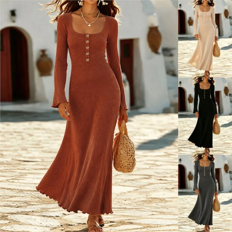MsChuh A-line Dress Dresses For Ladies Women's Casual Vestidos Elegant Temperament Simple Style Long Sleeves Slim Square Leader