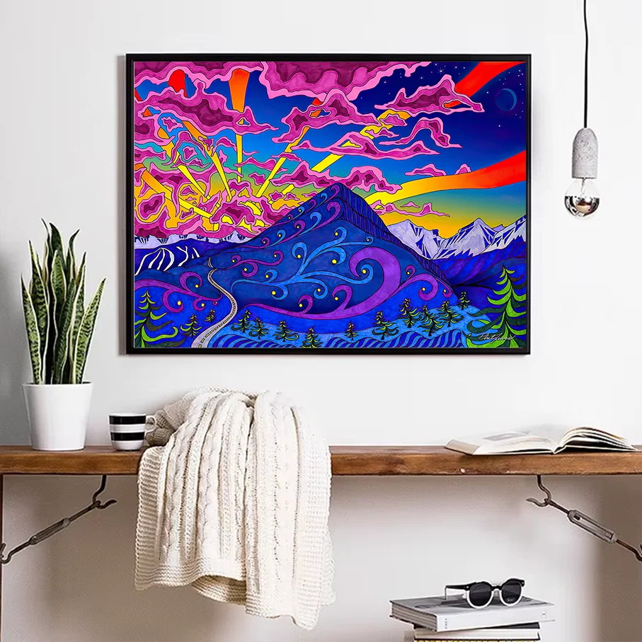 Psychedelic Landscape Wall Art Colorful Abstract Mountain Painting Purple Blue Swirl Hills Canvas Print Boho Decor