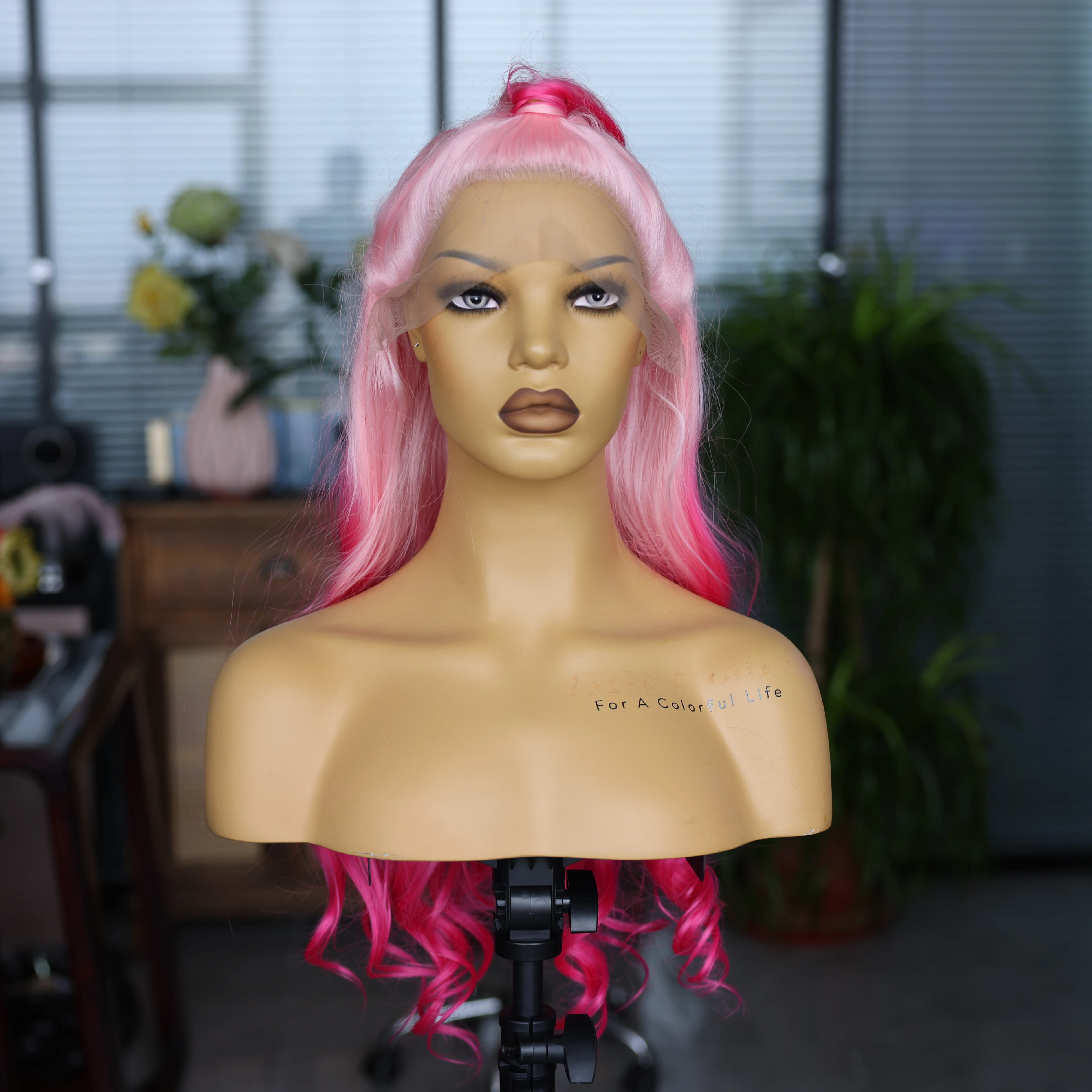 Pink Gradient Synthetic Body Wave Wig Front Lace Mesh Cap Wigs Heat Resistant Lightweight Fashionable Beautiful Cosplay Wig