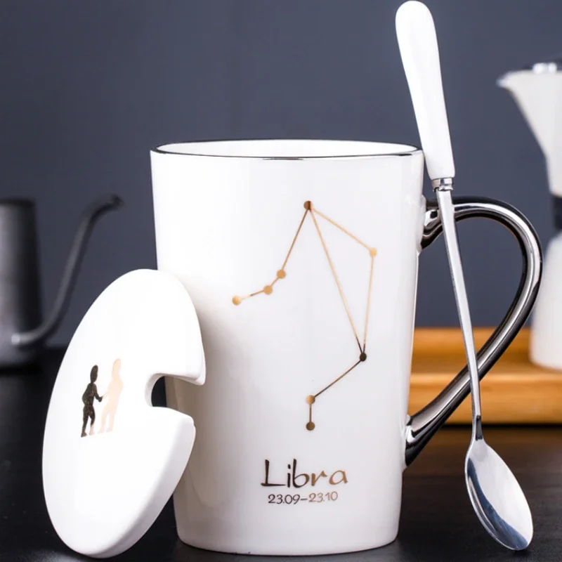 Ceramic Zodiac Mugs with Spoon Lid 12 Constellations Creative Mugs Black Porcelain Milk Coffee Cups Couples Gift Drinkware