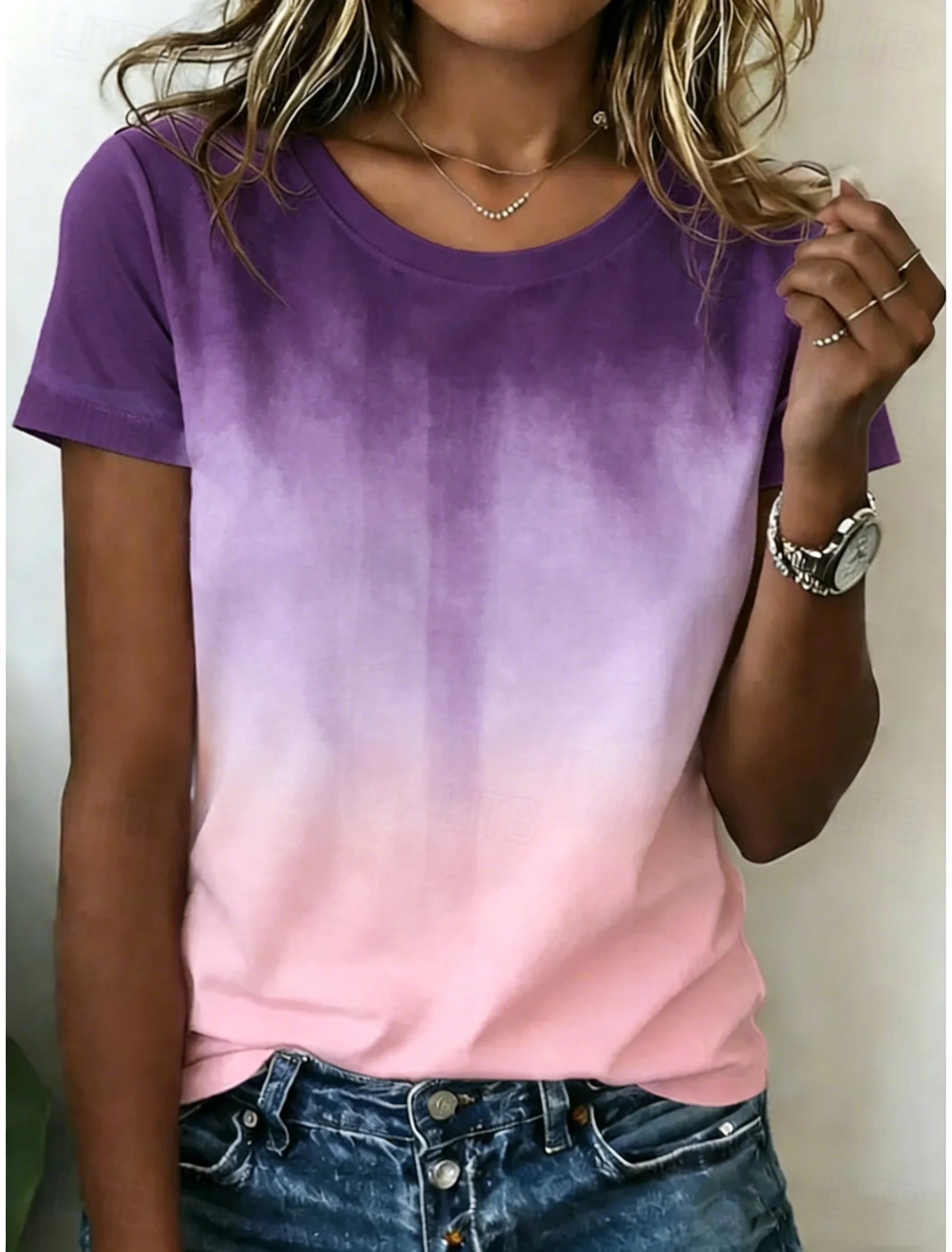 Women's Ombre Tie Dye Gradient Round Neck T-Shirt, Short Sleeve Casual Tops, Blue to Green Daily Wear for Spring & Summer