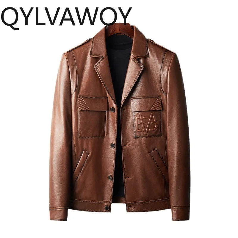 

QYLVAWOY Real Leather Jacket Man Cowhide Leather Jackets for Man Notched Lapel Motorcycle Jacket Stylish Lederjacke Herren Brown