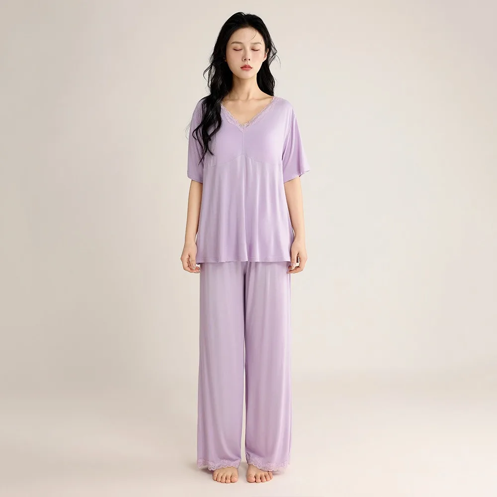 Women's Summer Pajamas Short-sleeved Trousers Lounge Wear Home Set Female Solid Color Two Piece Night Wear Ladies Sleepwear