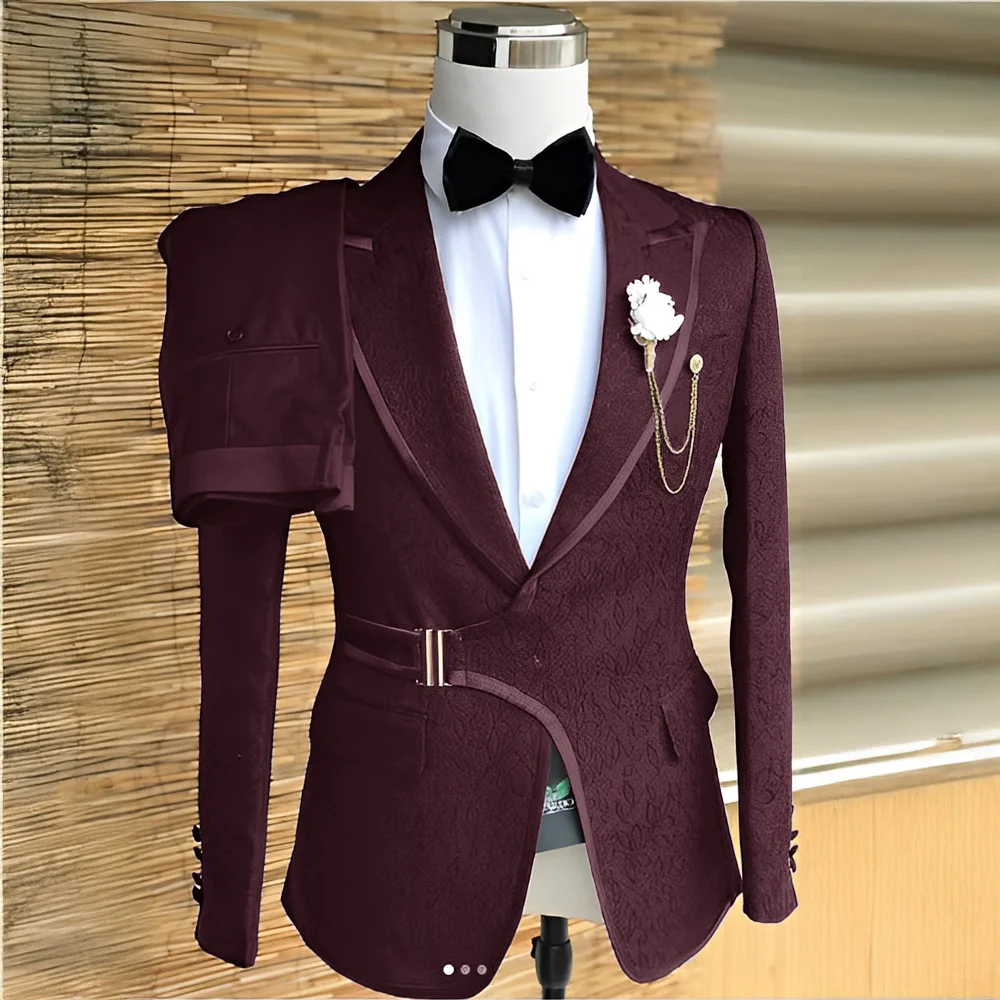 Jacquard Men's Suit with Buckle 2 Piece Set Formal Wedding Groom Tuxedo Peak Lapel Jacket with Pants for Party Evening Outfits