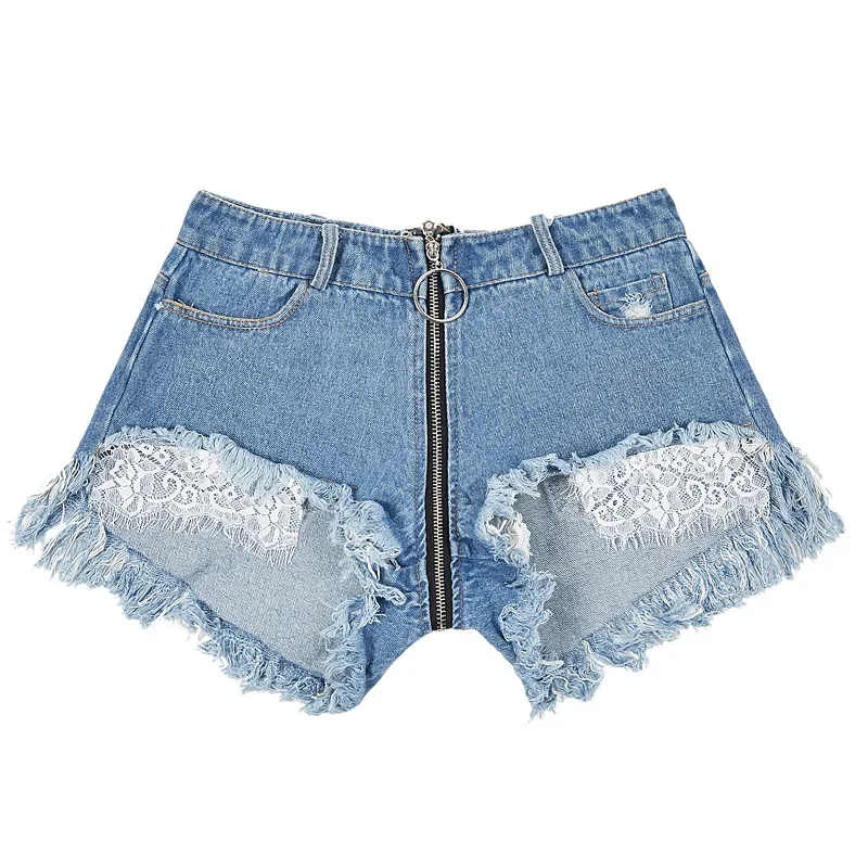 Fashion Short Jeans Woman Sexy Blue Front Back Zipper Fly Vintage High Waist Jeans Women Hole Night Club Shorts Clothes