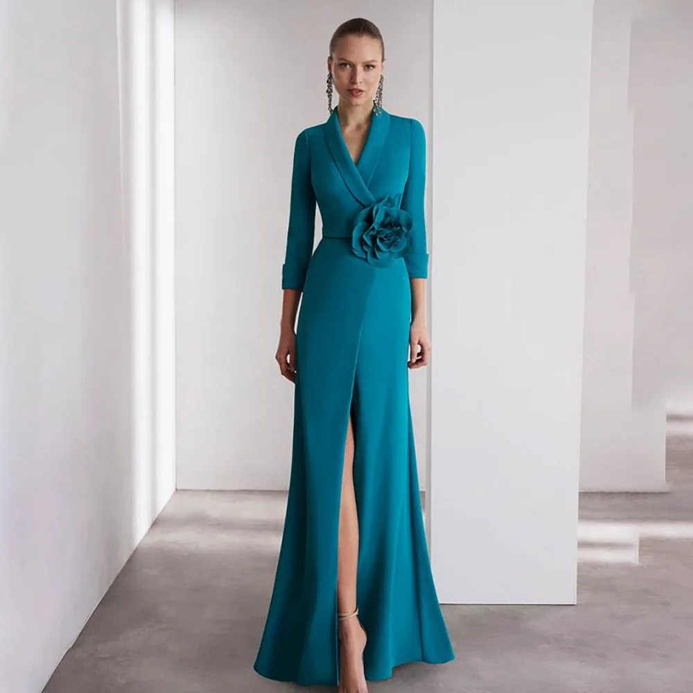

Modern Mother of The Bride Dress Customized V-Neck 3/4 Sleeves Mermaid Evening Gowns Long Thigh Slit Elegant Formal Dresses