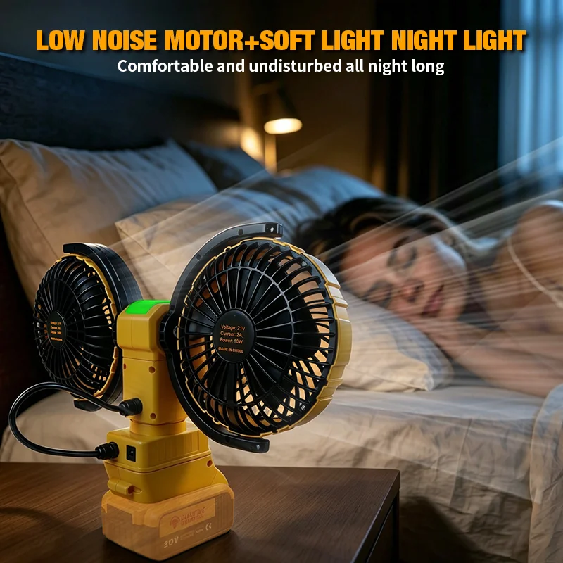 3000RPM Portable Dual Head Fan 360° Rotatable 3-Speeds Powerful Power Cooling Air Fan Low Noise Fan For Dewalt 20V Battery Pin view 6