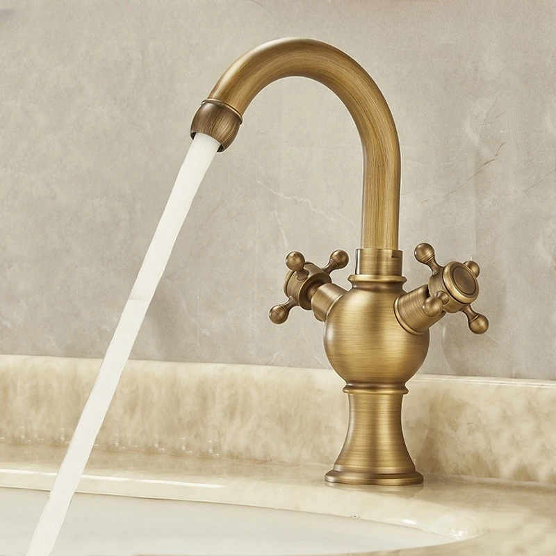 

Vintage Copper Basin Faucet Bathroom Bathroom Counter Basin Cold and Hot Double Handle Swivel Faucet