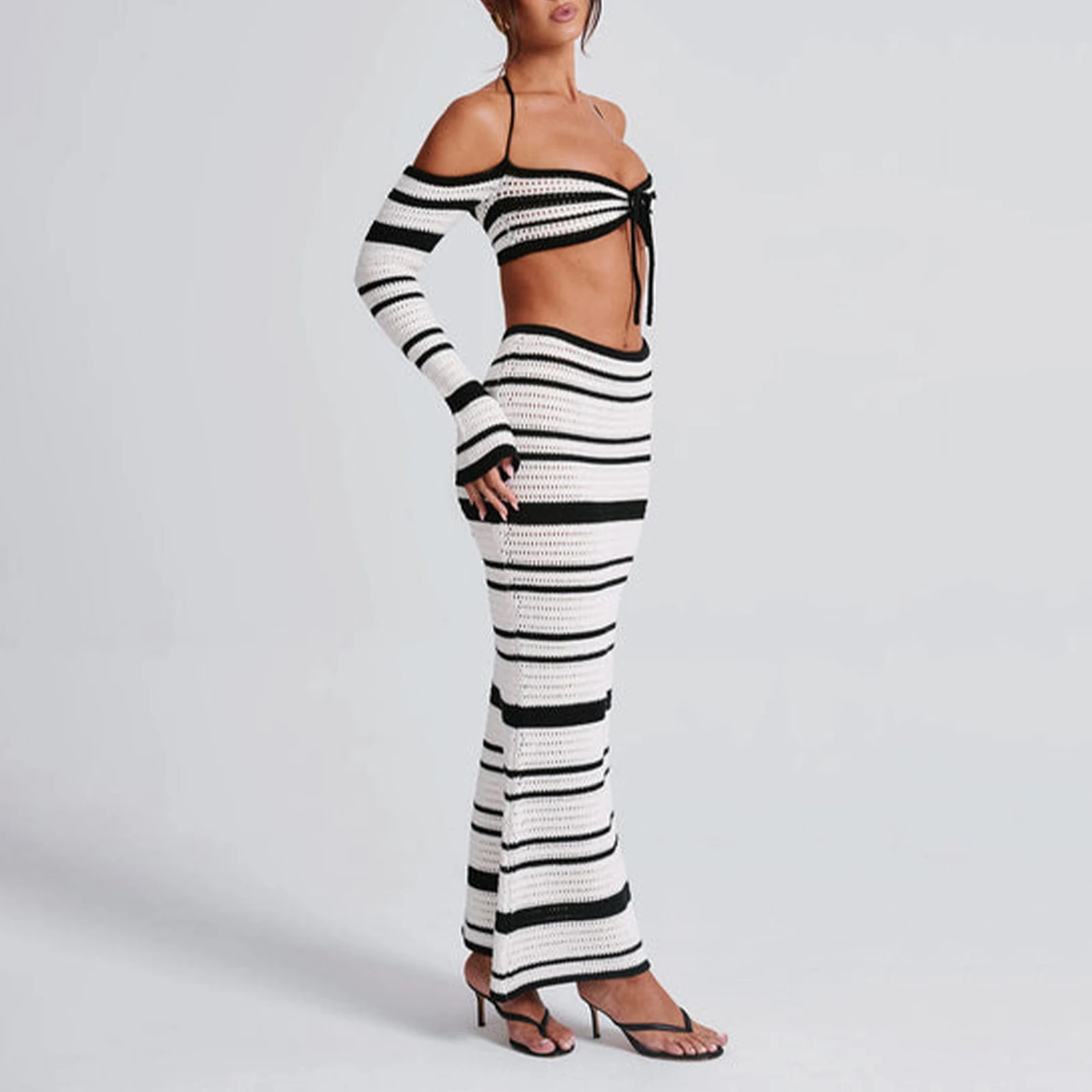 Hirigin Knit Stripe Women 2-częściowy zestaw Halter Slash Neck Lace Up Long Sleeve Tops and Maxi Skirts Sexy Mujer Club Midnight Suit