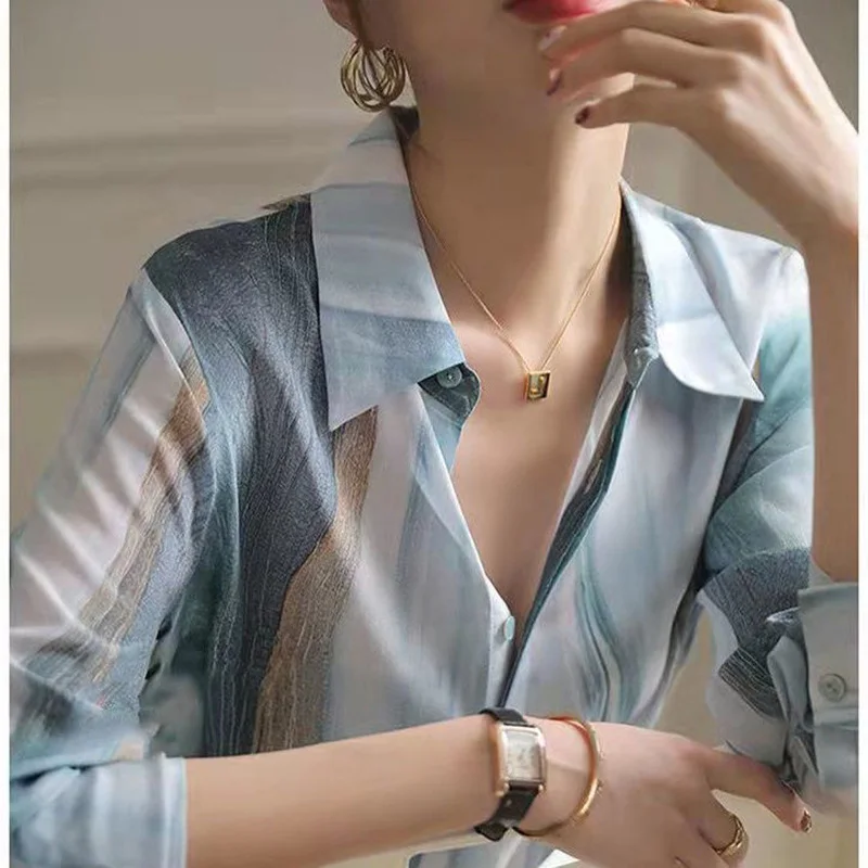 Fashion Lapel Printed Spliced Button Loose Chiffon Shirt Summer and Autumn New Casual Tops Commute Fashion Woman Blouses 2022