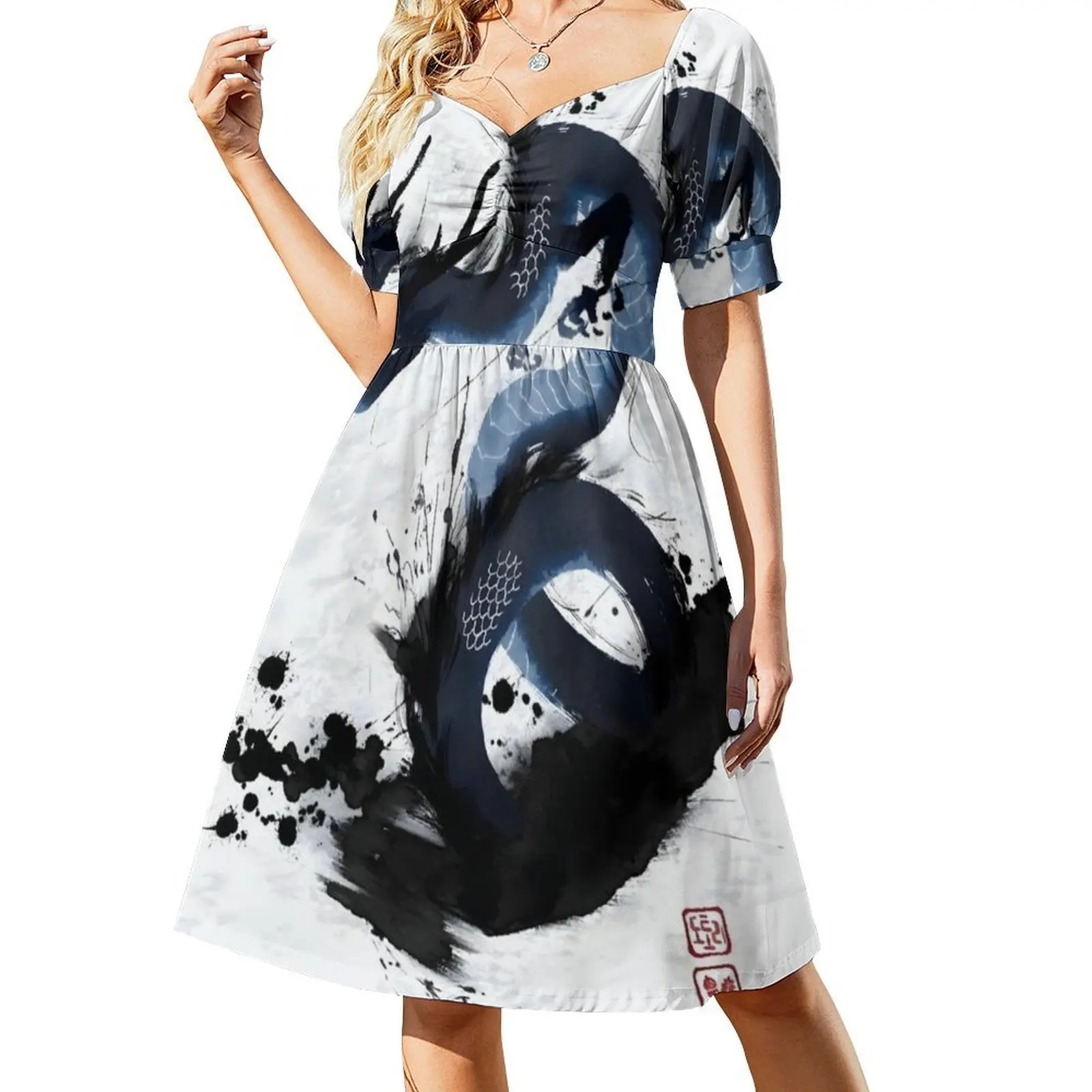 فستان ياباني داكن الجانب التنين الحبر غسل البوهيمي بلا أكمام متعدد الطباعة شاطئ عطلة فستان الحفلات اليابانية اليابان الوشم الأزرق #2