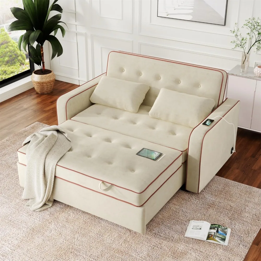 

Convertible pull-out sofa bed with dual USB charging ports, adjustable backrest and 2 pillows, button-quilted loveseat