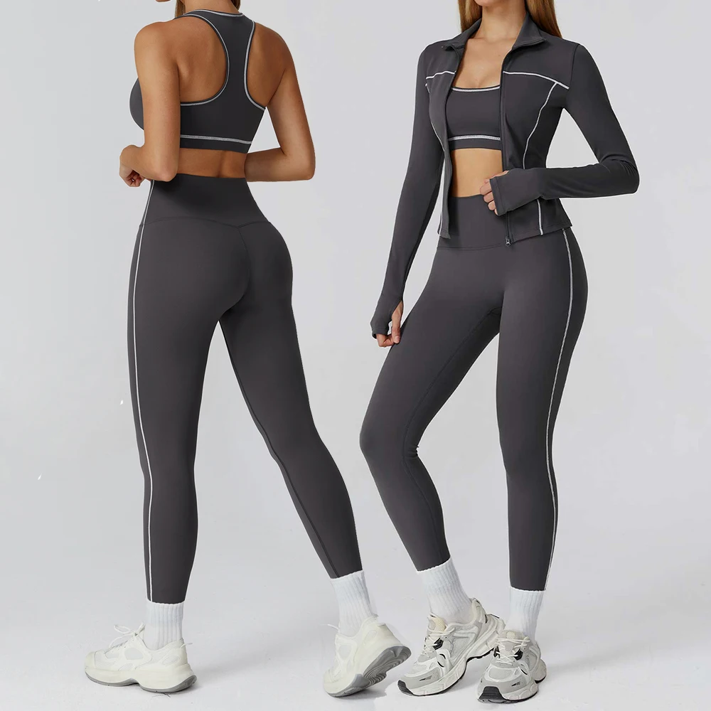 

3PCS Yoga Set Women Workout Set 2 Pieces Sportswear Yoga Suit Gym Clothing Fitness Zipper Long Sleeve Sports High Waist Leggings