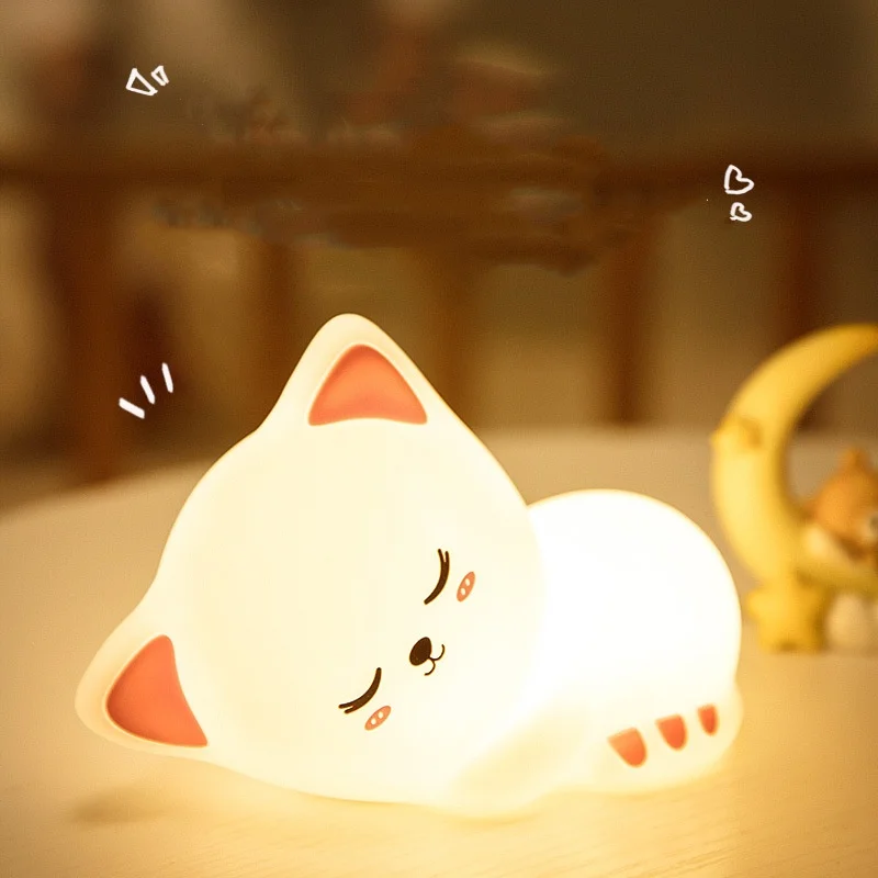 LED Soft Silicone Night Light USB Rechargeable Cute Cat NightLight For Children Baby Sleeping Cartoon Warm Decorative NightLight