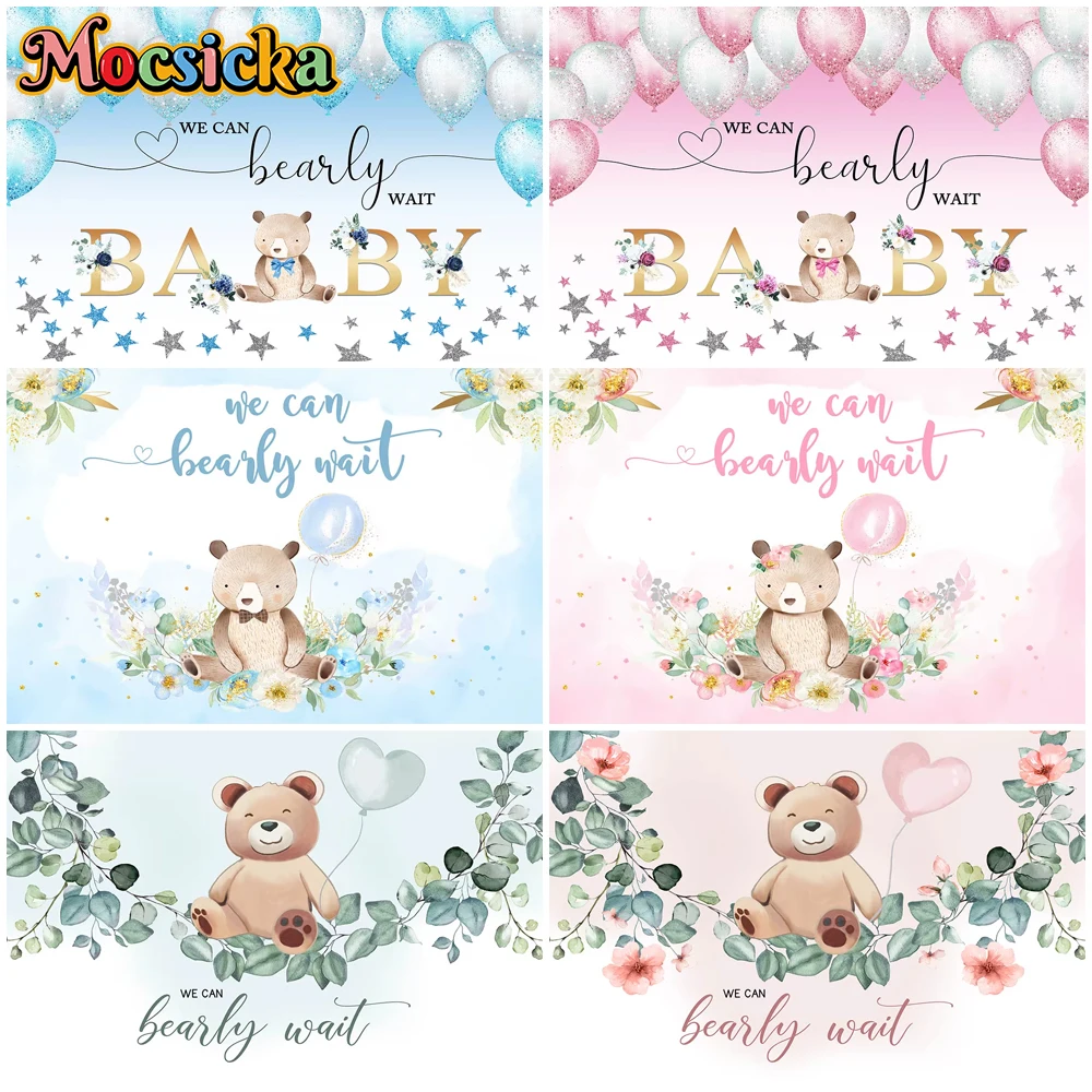 Mocsicka Baby Shower Boy Girl Photography Backgrounds Birthday Party Gender Reveal Backdrop Bear Flowers Blue Pink Decors Banner