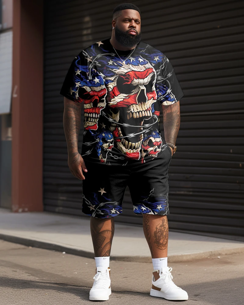 Biggmans L-9Xl T-Shirt Sets For Men's Clothing Independence Day Flag Print Large Short Sleeves Shorts Big Plus Size Top Suit 8Xl