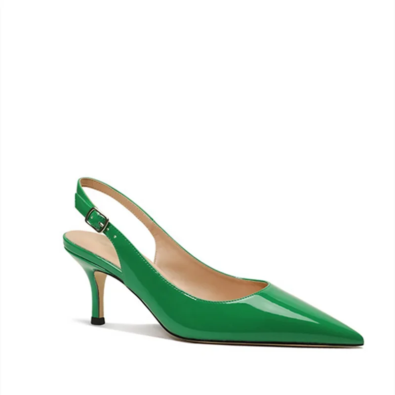 Women Sexy Patent Leather Sandals Designer Back Strap Kitten Heels 6cm Pumps Green Beige Leopard Brown Stilettos Shallow Mouth 9