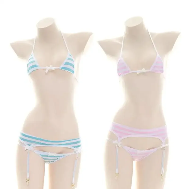 

Sexy Lingerie Lolita Kawaii Mini Bikini Blue Pink White Striped Mini Bikini Adult Cosplay Lingerie Backless Lace-Up Set Frenum
