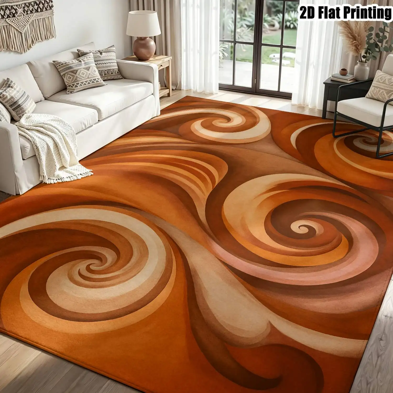 1Pc 2D Printed Orange-Brown Abstract Spiral Pattern Nordic Carpet, Suitable for Instagram-Style, Minimalist, Vintage, Geometric Art Home Decor, Multi-Size, Machine Washable, Ideal for Entryway, Dining Room, Bedroom, Living Room