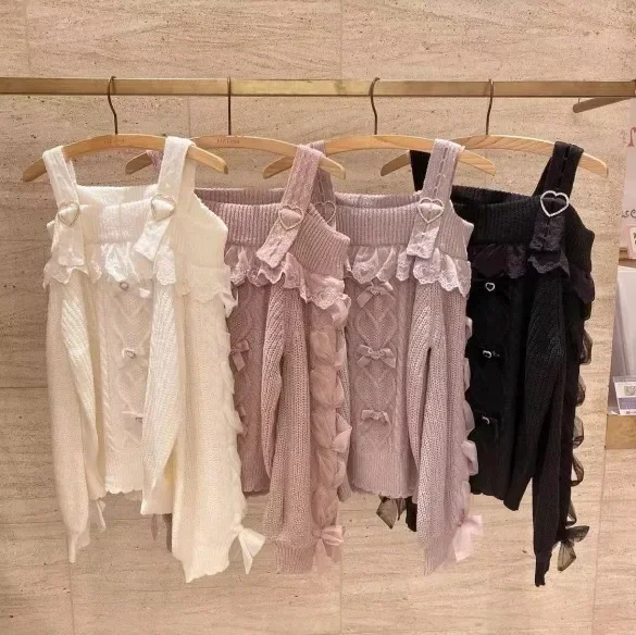 

Japanese Sweet Off-the-shoulder One-word Shoulder Knitted Jumper Lolita Lace Longsleeved Sweater Cute Bow Elegant Slim Top Women