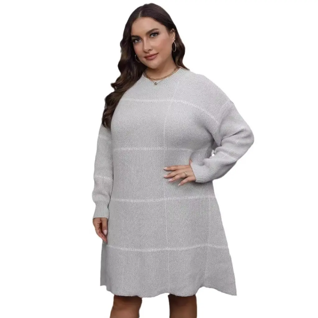

Женская полосатая юбка-свитер больших размеров с круглым вырезом в европейском и американском стиле, осенне-зимнее тканое платье F663