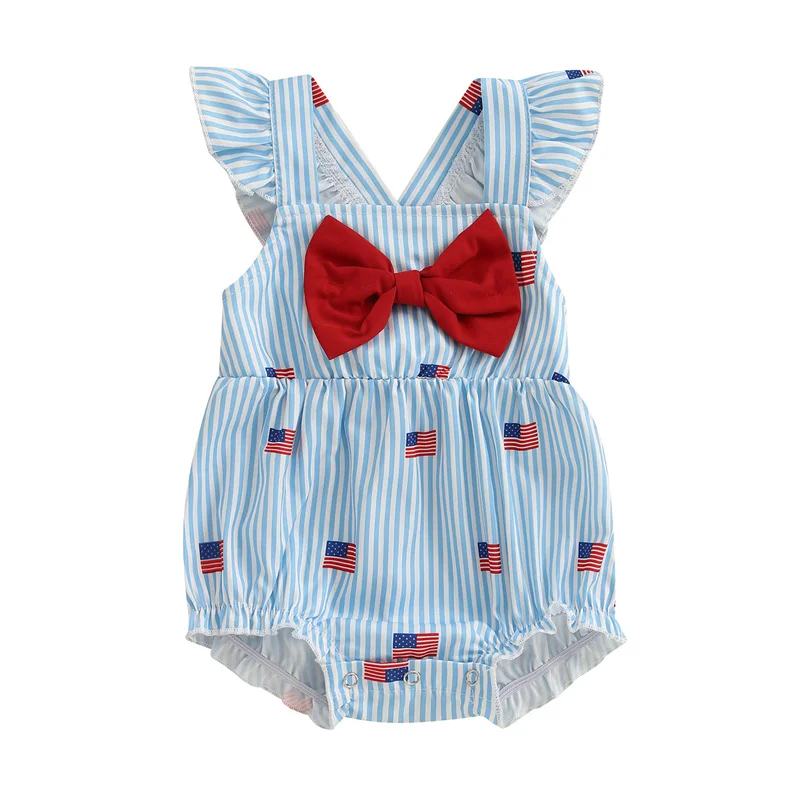 

Комбинезоны Cathery Kids для маленьких девочек на 4 июля с летающими рукавами и квадратным вырезом, полосатые комбинезоны с бантом и принтом, боди с пузырьками