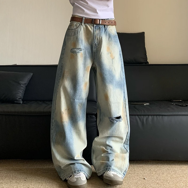 FEWQ Dyed Straight Leg Jeans Washed Worn Out Loose Wide Leg Long Pants 2024 New Korea Fashion Male Trousers Casual 24E1429