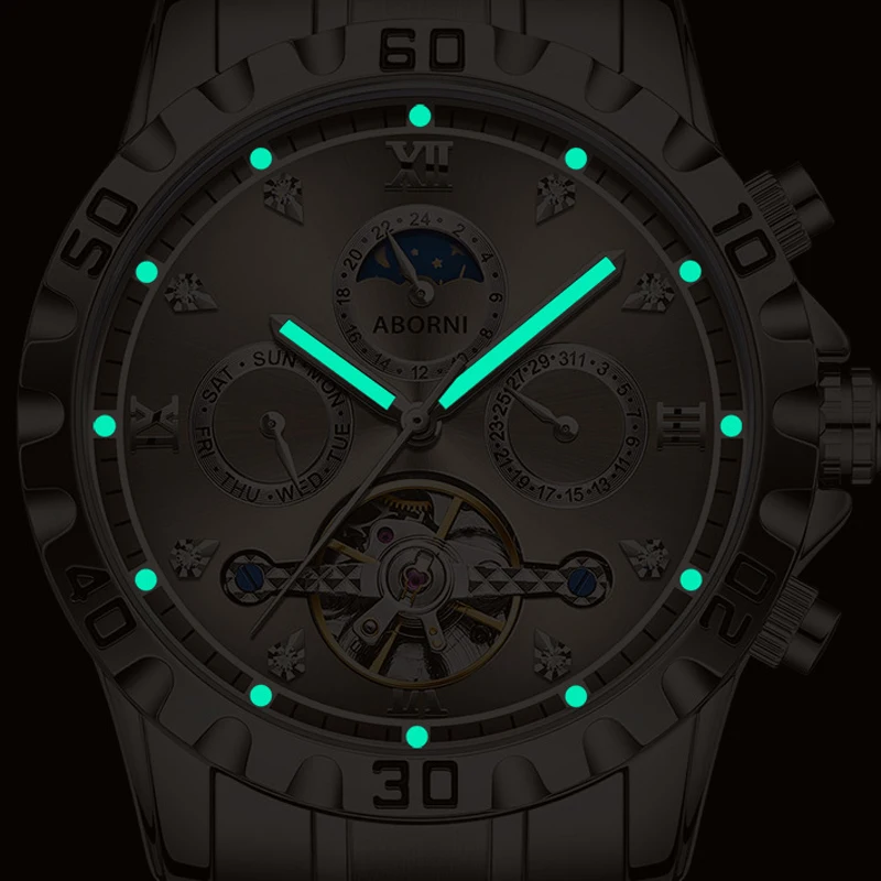 Reloj mecánico Tourbillon a la moda para hombre, reloj luminoso de acero inoxidable con fecha, semana, fase lunar, reloj hueco automático de lujo para hombre
