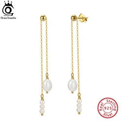 ORSA JEWELS Long Pearl Earrings for Women 14k Gold Plated Pearl Tassel Earrings Sterling Silver Ear Drop Pearl Jewelry GPE20
